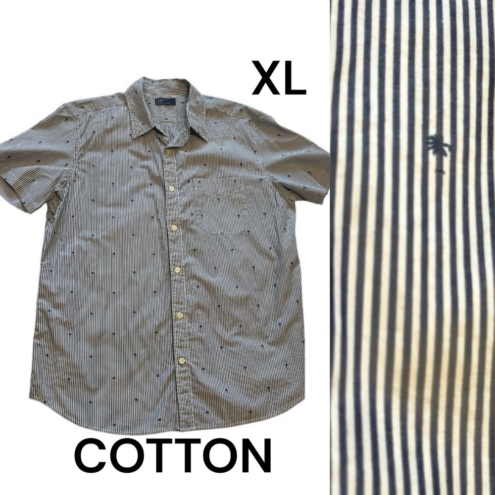 GAP Men's Short Sleeved Button Down Shirt Size XL Blue White Stripes Palm Trees